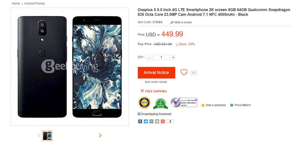 Could This Be The OnePlus 5 As Leaked By A Retailer? Comes With Snapdragon 835 and 8GB of RAM