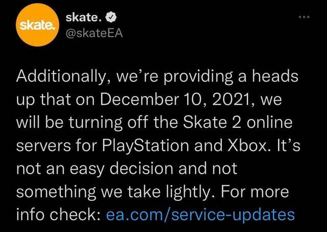 Skate 2 Servers Are Shutting Down Next Month