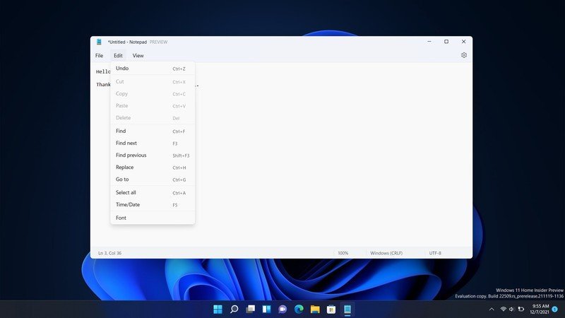 New Version of Notepad with dark mode: Windows 11 Insider Preview Update 22518