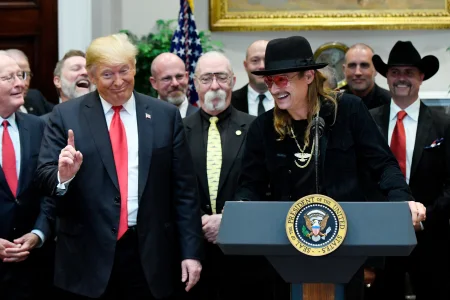 Trump opens the show with a video greeting from musician Kid Rock. Trump opens the show with a video greeting from musician Kid Rock.