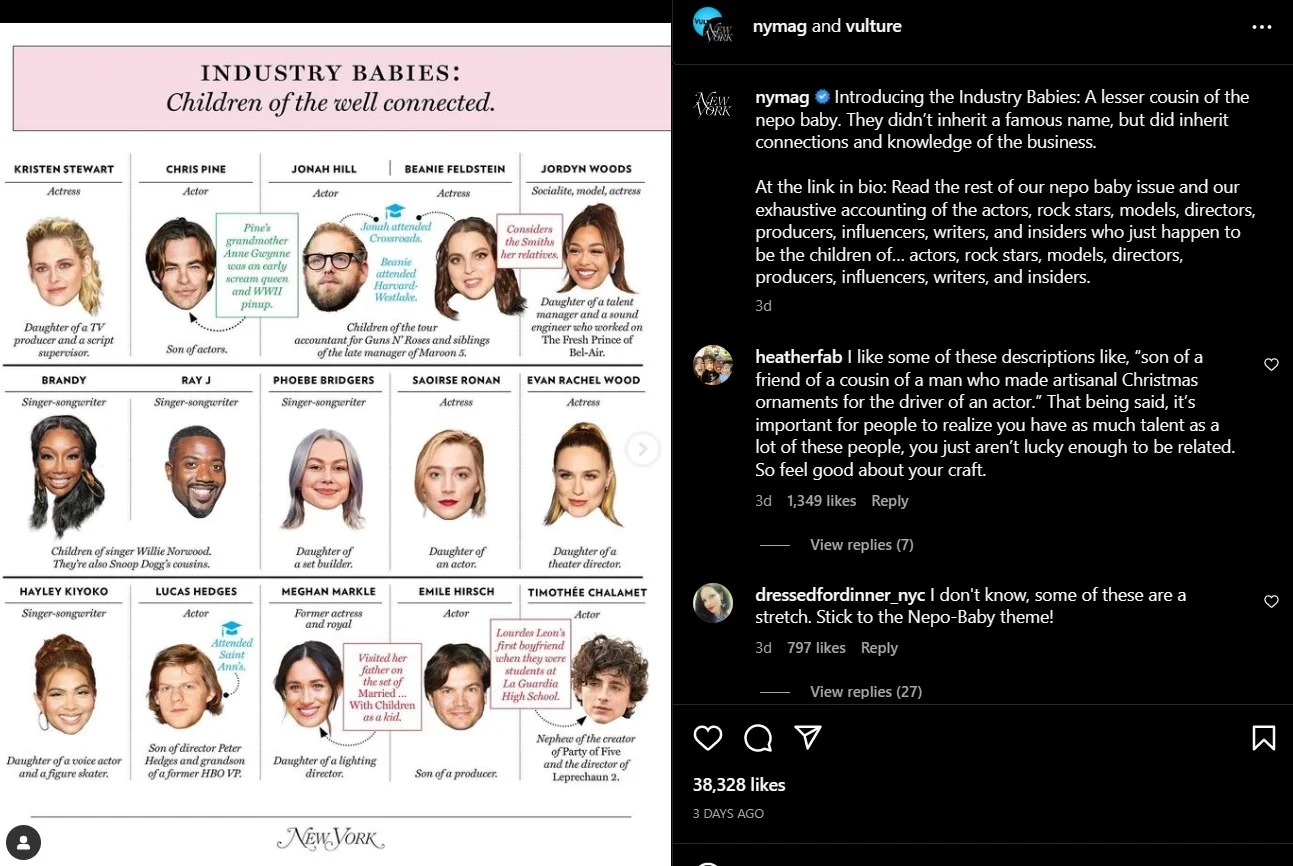 New York Magazine Instagram Post Regarding “Nepo Babies“