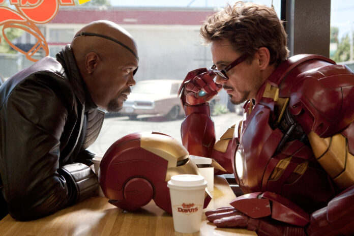 IRON MAN 2, from left: Samuel L. Jackson, Robert Downey Jr., 2010. ph: Francois Duhamel/©Paramount/C