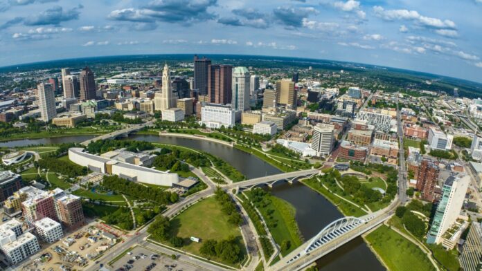 Skyline view of bridges crossing Scioto River that runs through Columbus, Ohio
